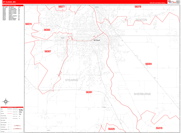 St. Cloud City Wall Map Red Line Style